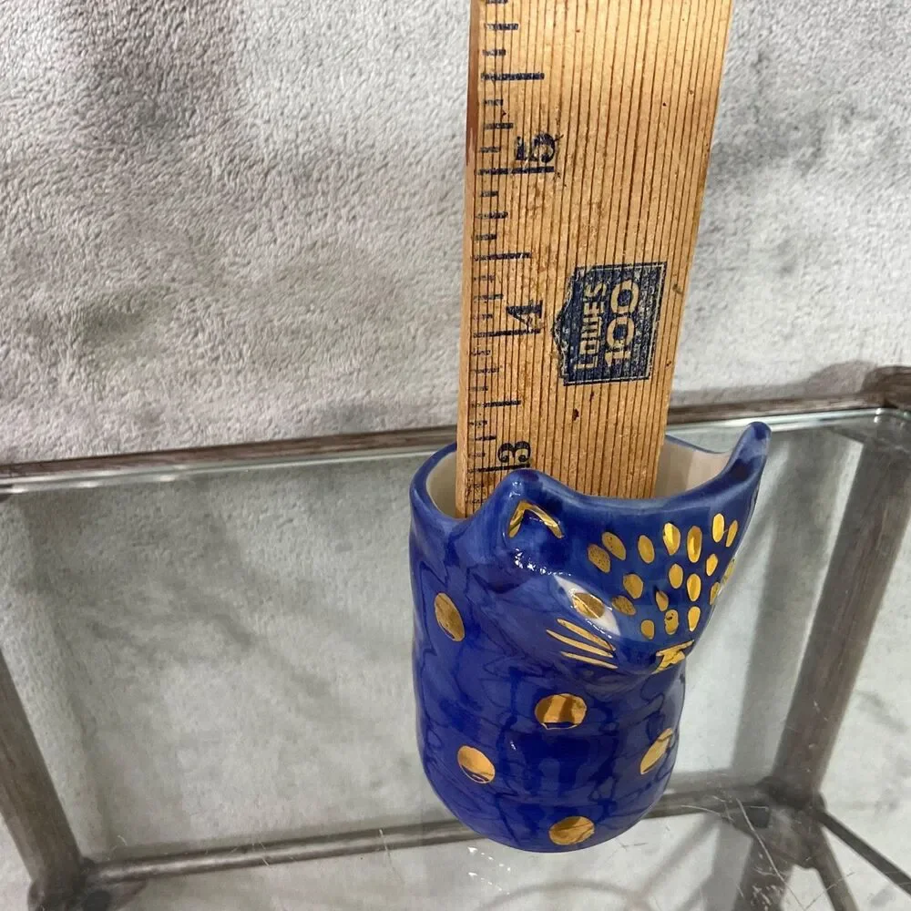 Bird Can Fox for Anthropologie Ceramic Cat-Shaped Vase Brush pen holder blue/gld